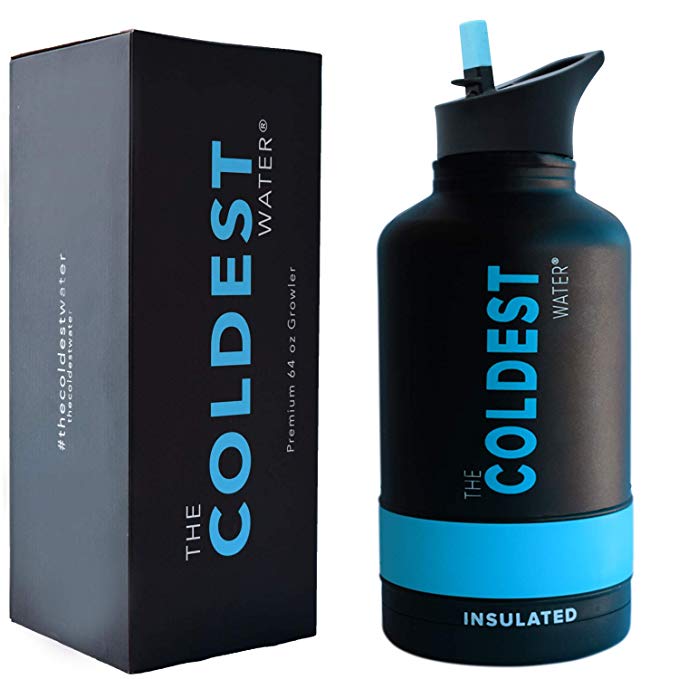 The Coldest Sports Water Bottle 64 oz Wide Mouth Insulated Stainless Steel Hydro Thermos - Cold up to 36 Hrs/Hot 13 Hrs Double Walled Flask - Flip Top Wide Mouth 2.0