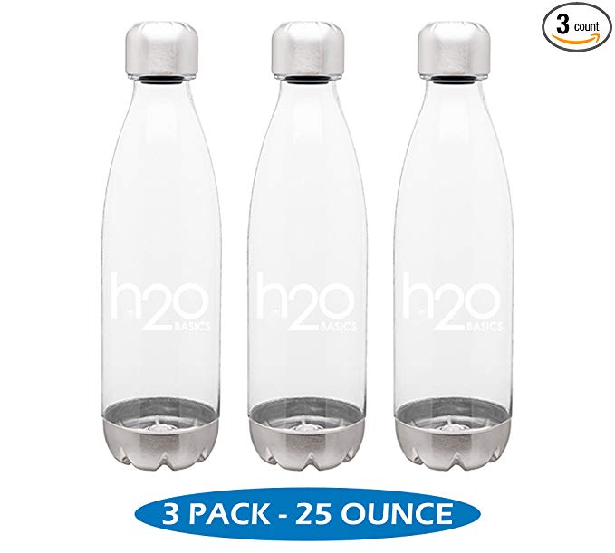 H2O Basics BPA-Free Sport Water Bottles 25 oz, Tritan Non Toxic Plastic, Reusable Flask with Stainless Steel Leak Proof Twist Off Cap & Steel Base, Cola Bottle Shape (Assorted Colors, 25 Ounces)