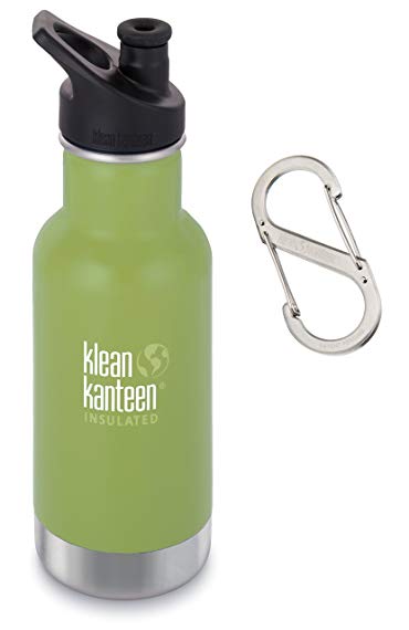 Klean Kanteen 12 oz Classic Insulated Stainless Steel Water Bottle with Sport Cap 3.0 in Black Plus #4 S-Biner Stainless Carabiner