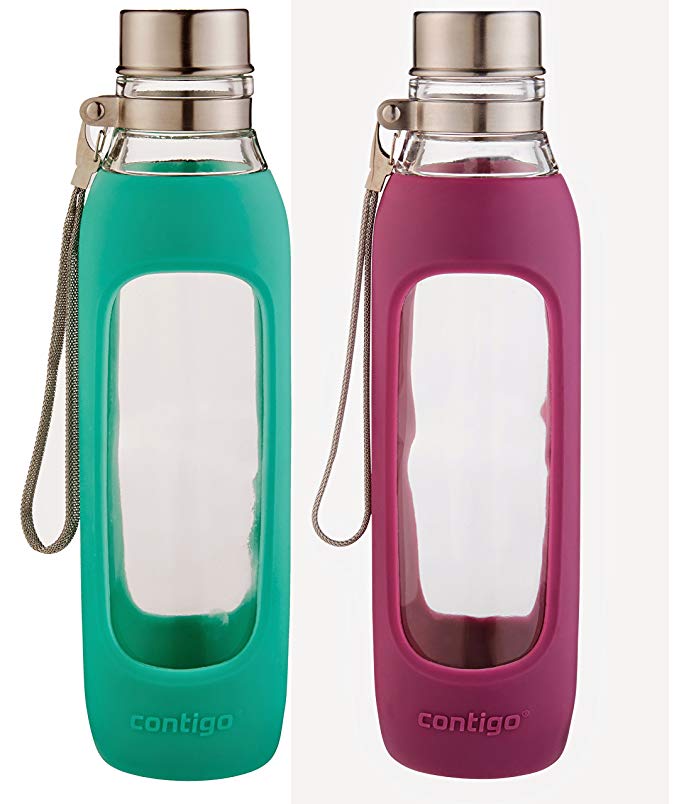Contigo Purity Glass Water Bottle, 20-Ounce, 2 Pack Greyed Jade / Radiant orchid