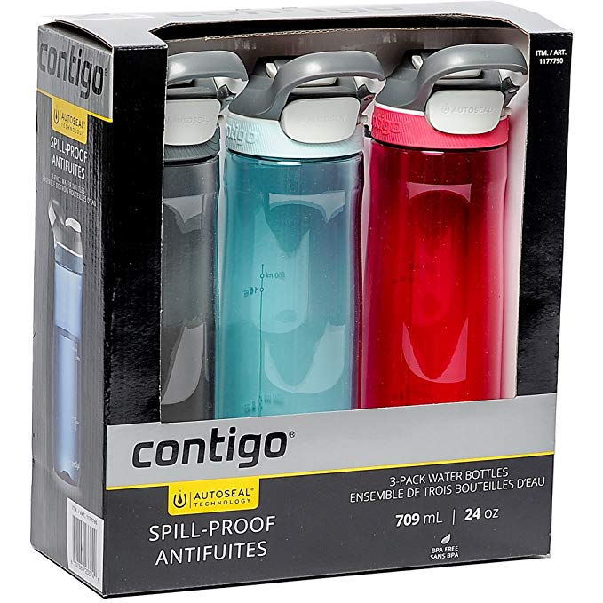 Contigo AUTOSEAL Spill-Proof Water Bottles, 24 Oz, Stormy Weather/Jade/Sangria - Total 3 Bottles