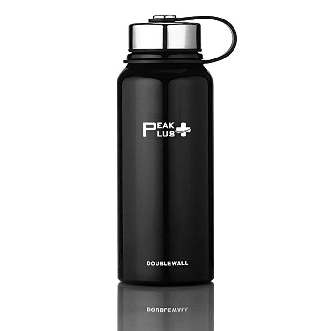 PeakPlus Best Stainless Steel Water Bottle - Vacuum Insulated, Double Walled, Leak-Proof Wide Mouth Thermos Water Bottle 27 Oz - Black