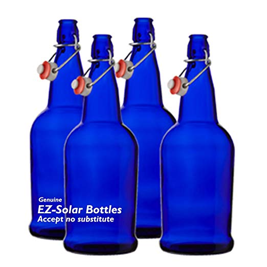 Blue Glass Solar Water Bottles, Cobalt Blue Glass Bottles, 1 liter, 32oz, (4 pack)