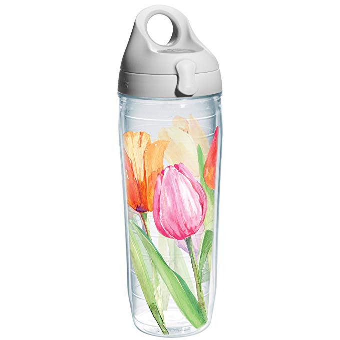Tervis Tea for Tulips Wrap Bottle with Lime Grey Lid, 24-Ounce, Garden Party