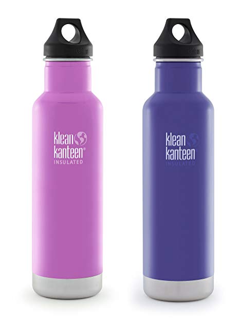 Klean Kanteen 20oz Classic Vacuum Insulated Stainless Steel Water Bottles (w/Loop Cap) 2 Pack Combo Set