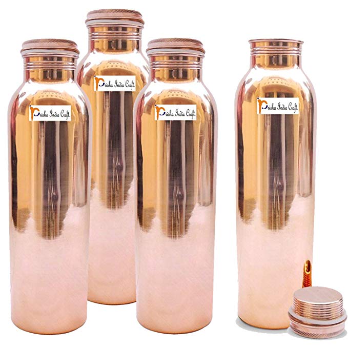 900ml / 30oz - Set of 4 - Prisha India Craft Pure Copper Water Bottle for Health Benefits - Water Bottles | Joint Free, Handmade - Christmas Gift