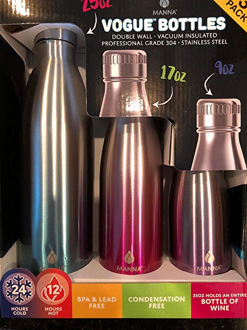 Manna Vogue Metallic Insulated Water Drink Bottles - Assorted 3 pack bundle (25 oz, 17 oz, 9 oz) - (Turquoise, Burgundy, Purple) Lead Free, BPA Free, Condensation Free
