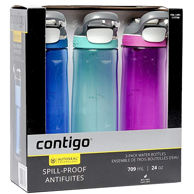 Contigo AUTOSEAL Spill-Proof Water Bottles, 24 Oz, Monaco/Greyed Jade/Radiant Orchid - Total 3 Bottles
