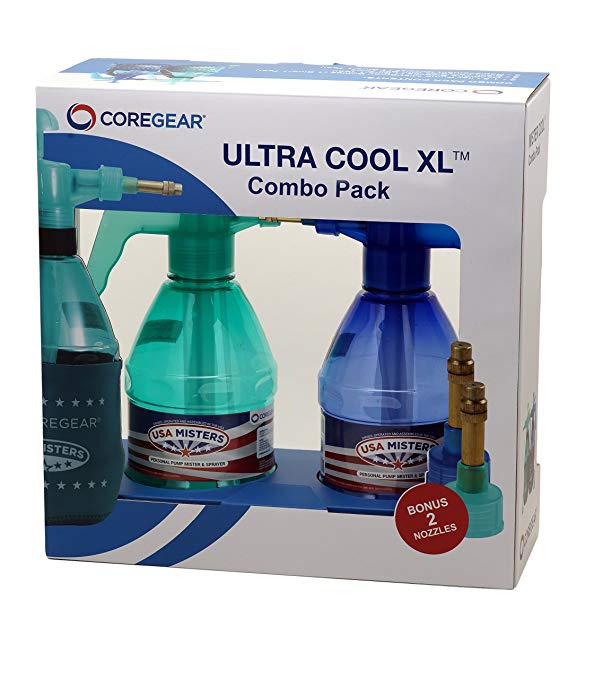 COREGEAR USA Misters 1.5 Liter (Ultra Cool Combo Pack). Includes 2 Personal Handheld Water Misters, 2 Neoprene Sleeves, 2 Extra Nozzles, 2 Carrying Straps with Bag Clip