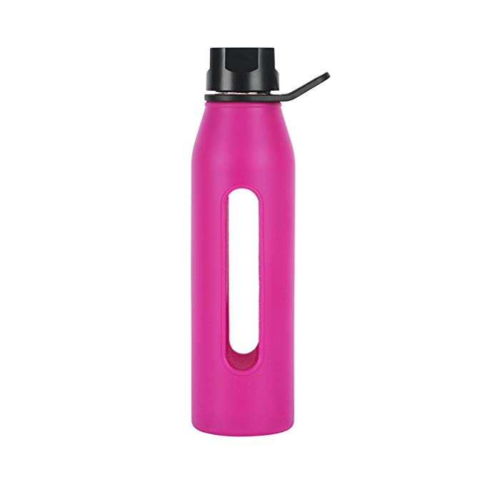Takeya 22 Ounce Classic Glass Water Bottle with Silicone Sleeve and Twist Cap, Fuchsia