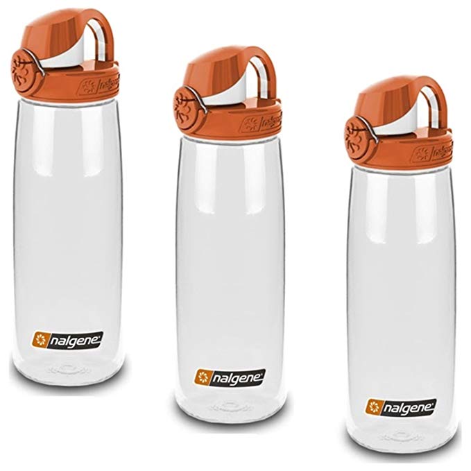 Nalgene On The Fly 24 oz Water Bottle (Clear w/Orange and White Cap) - 3 Pack