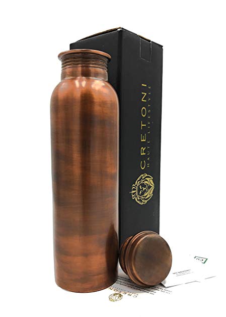 Cretoni Antique-Series Pure Copper Water Bottle : Smooth Straight Leak Proof Design : Perfect Ayurvedic Copper Vessel for Sports, Fitness, Yoga, Natural Health Benefits (900 Milliliter/30 Ounce)