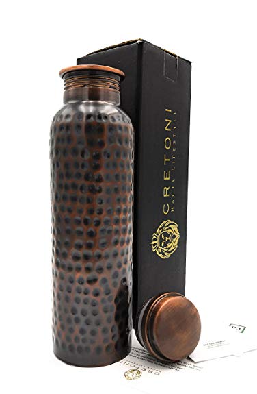 Cretoni Antique-Series Pure Copper Water Bottle : Hammered Straight Leak Proof Design : Perfect Ayurvedic Copper Vessel for Sports, Fitness, Yoga, Natural Health Benefits (900 Milliliter/30 Ounce)
